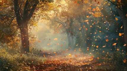 Serene autumn landscape  golden leaves fall as warmth fades in tranquil forest scene