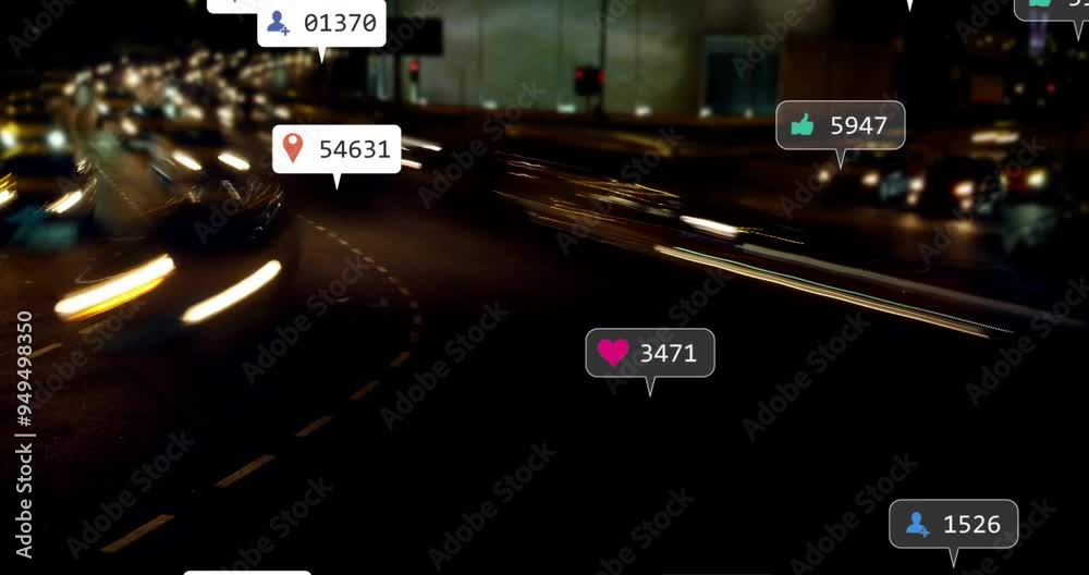 Sticker Social media interaction icons animation over night traffic scene