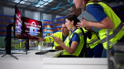 Shocked Engineers In Automated Logistics Warehouse During Ransomware - Powered by Adobe