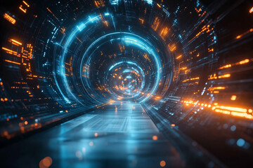 Obraz premium 3D rendering of a futuristic digital technology background with a circular tunnel and light effects. Digital cyber abstract background.