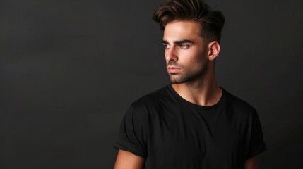 Naklejka premium Handsome male model wearing black t-shirt. AI generated images