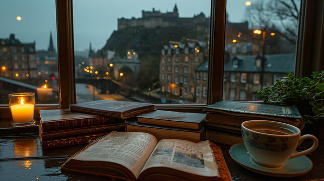 A cozy coffee shop in Edinburgh, with large windows overlooking the city and castle with old stone houses, books on the table, tea cups and candles, romantic vibes