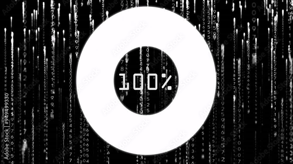Poster 100% text animation over falling binary code on black background