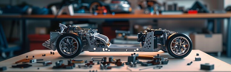 Fototapeta premium disassembled electric car components in a workshop.