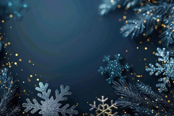 Deep navy Christmas background with sparkling snowflakes and gold sequins, enhanced by subtle cyan accents.
