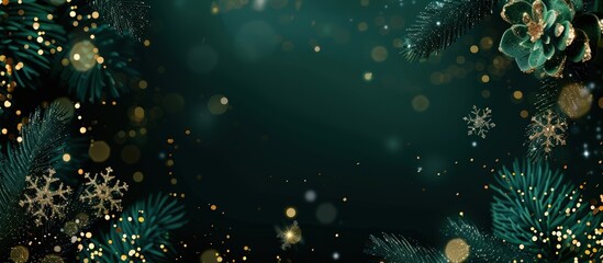 Deep forest green Christmas background adorned with shimmering gold sequins and delicate snowflakes. Rich and festive.