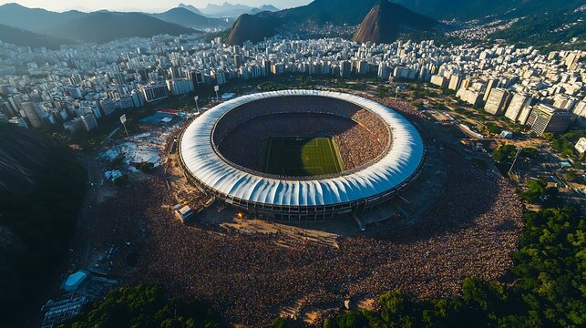 Panoramic aerial shot of Rio de Janeiro capturing the vibrant energy of the city as crowds fill the streets surrounded by important sites like the Sambadrome and the Maracan&Atilde;&pound; Stadium