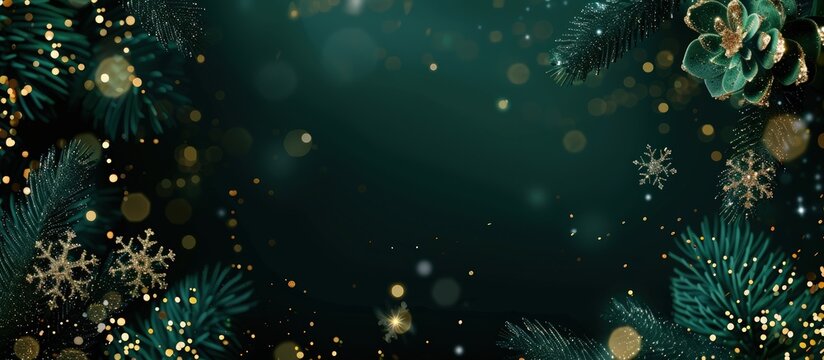 Deep forest green Christmas background adorned with shimmering gold sequins and delicate snowflakes. Rich and festive. - Powered by Adobe