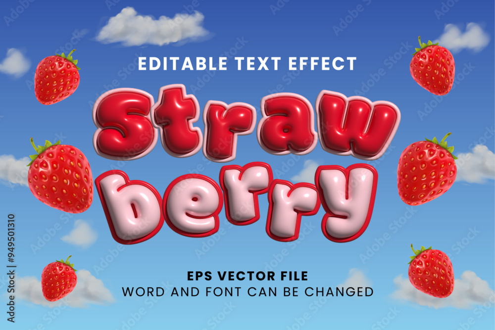 Poster strawberry red inflated editable vector text effect