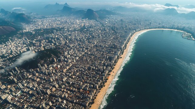 High-angle aerial view of Rio de Janeiro depicting the densely populated areas of the city with notable landmarks such as Copacabana Beach and the Botafogo Bay visible amid the crowded urban