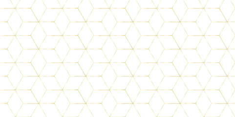 Seamless pattern gold line with square hexagon tile and cube grid mosaic honeycomb diamond triangle structure shape isometric block wallpaper.	
