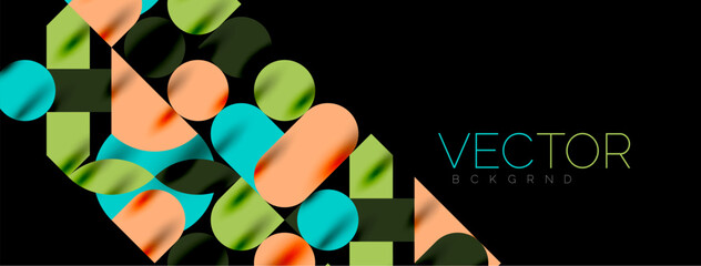 Mosaic geometric elements. Colorful circles, round geometric shapes and lines with shadow 3d effects. Simple forms abstract background for wallpaper, banner, template or landing