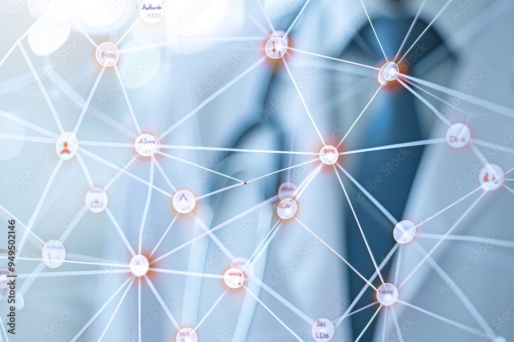 Poster a person standing in front of a complex network of interconnected dots, showcase the intricate web o