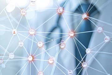 A person standing in front of a complex network of interconnected dots, Showcase the intricate web of referrals and consultations between primary care physicians and specialists