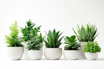 Obraz premium A collection of various indoor plants in white pots, showcasing greenery and decor.