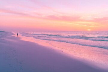 A serene beach scene at sunset. Gentle waves lap the shore as a figure walks along the soft sands. The sky glows with pink and orange hues, evoking calmness and peace. Generative AI