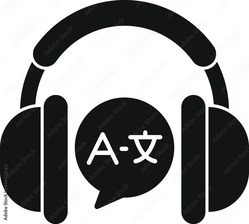 Poster headphones are showing language translation with a speech bubble icon with language letters