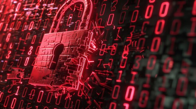 Urgent security alert  broken padlock over binary code signifies major breach in system integrity