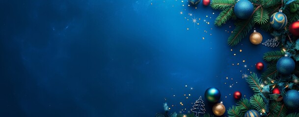 Festive christmas blue background with ornaments and fir branches on backdrop with copy space for personal message. Spread holiday cheer and celebrate the season