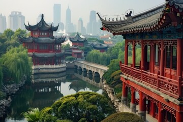 Fototapeta premium Chinese garden featuring pond in foreground, showcasing feng shui principles, Showcase the use of feng shui principles in the design of Chinese buildings