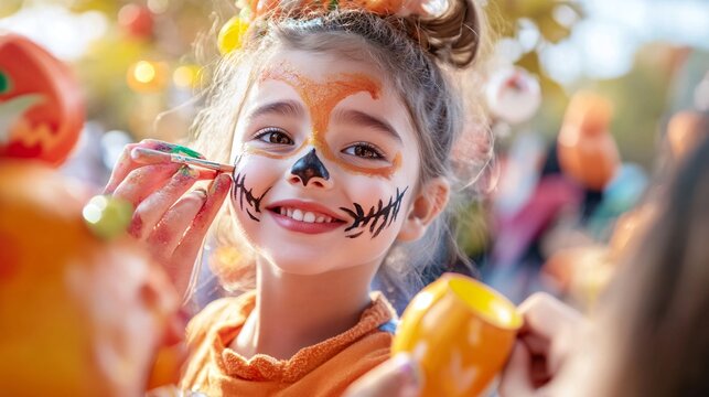 A close-up of a child getting their face painted with a spooky design at a Halloween event, surrounded by a variety of colorful face paints
