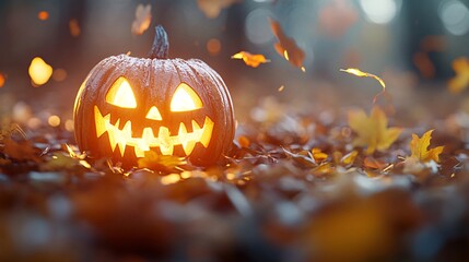 
A close-up of a glowing Jack-o'-Lantern with intricate carving details, surrounded by autumn leaves at dusk, creating a warm, spooky atmosphere