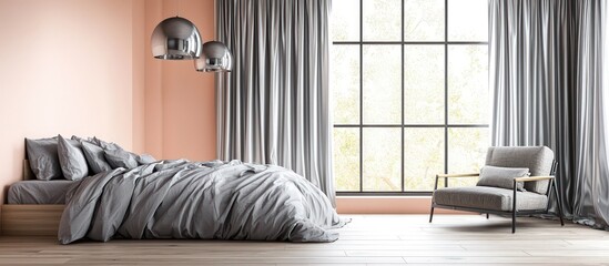 Contemporary bedroom in peach with oak panels, silver curtains, grey bed, sleek armchair, and ceiling light.