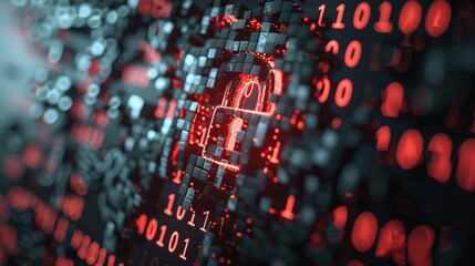 Digital security breach  bold red broken padlock icon over binary code background highlights risks