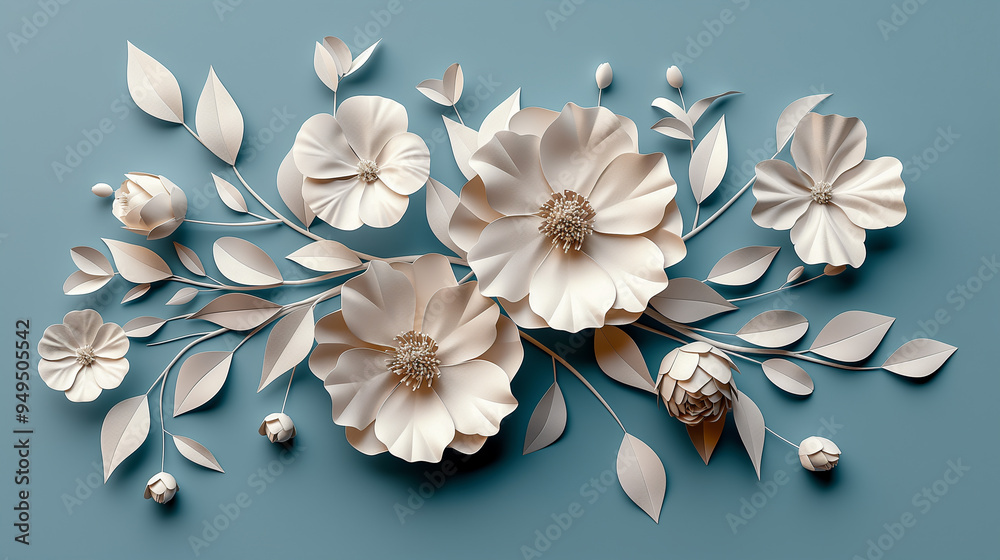 Wall mural paper cut flowers, gypsum plaster modelling blooming composition on blue background. origami handmad