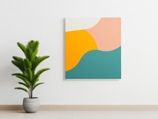 modern minimalist abstract artwork with curved shapes in yellow, teal, pink and white for interior design and home decor.