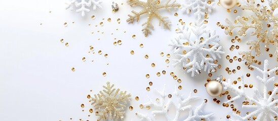 Classic white Christmas background with sparkling gold sequins and intricate snowflakes, ideal for a timeless holiday design.