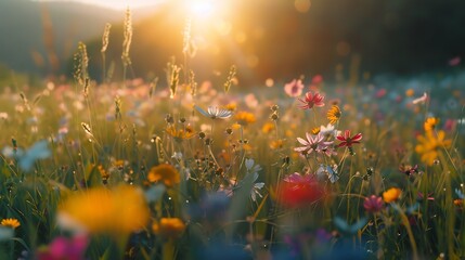 Obraz premium Fields and landscapes nature and flowers view of sunset.