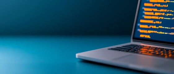 modern laptop with glowing code on screen, futuristic technology concept, data analytics and innovation.