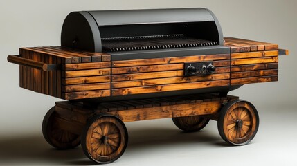 Wooden outdoor grill on wheels Generative AI
