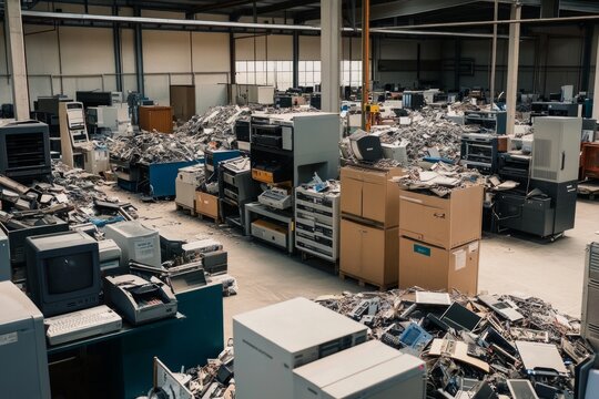 A cluttered warehouse filled with old electronics and discarded computers. This image reflects chaos and the passage of time in technology. Environmental concerns emerge. Generative AI - Powered by Adobe