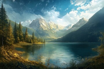 Lake Between Forests And Mountains , ai