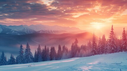 Fototapeta premium Sunrise Over Snowy Mountain Range