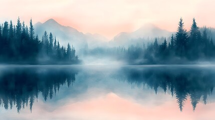 Fototapeta premium Peaceful lake at dawn mist and pine forest soft pastel watercolor effect