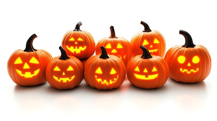 Spooky Glowing Pumpkin Faces on Isolated White, Perfect for Halloween Night
