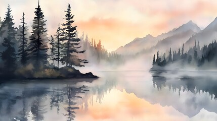Fototapeta premium Serene mountain lake at dawn mist rising pine trees watercolor soft tones