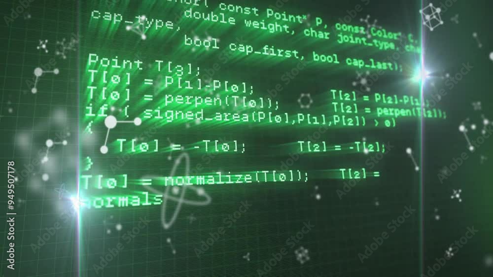 Poster programming code and mathematical formulas animation over green digital background
