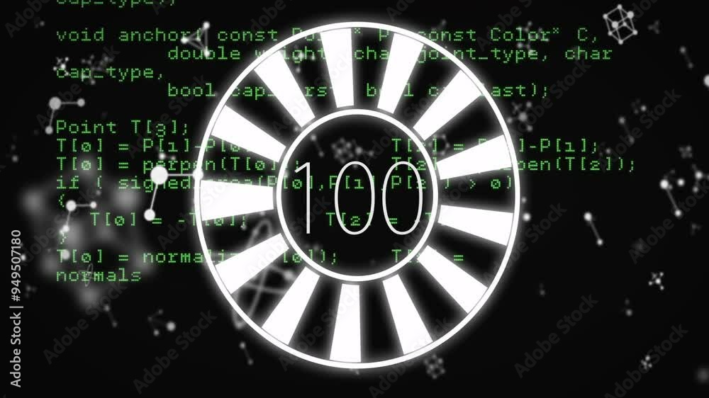 Poster circular loading animation over green programming code and molecular structures