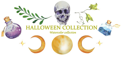 Collection Halloween Theme. Watercolor Composition. Skull, Bottle with Potion, Moon. In Lilac Tones. For Holiday Packaging, Postcards, Invitations, Websites, Accessories, Clothes