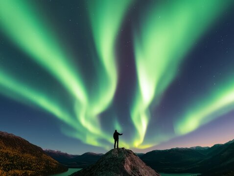 witnessing the aurora borealis - a single figure silhouetted against the vibrant green lights of the northern lights displaying in the night sky over a mountain ridge