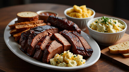 A Hearty Platter Of Bbq Brisket, Sausage, And Ribs, With Sides Of Potato Salad And Cornbread, Food Image