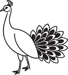 Naklejka premium Peacock Silhouette - Majestic Bird with Elaborate Peacock colourful Vector Design logo Black and white silhouette peacock vector illustration. Silhouette illustration of a peacock Tail Display on Whi