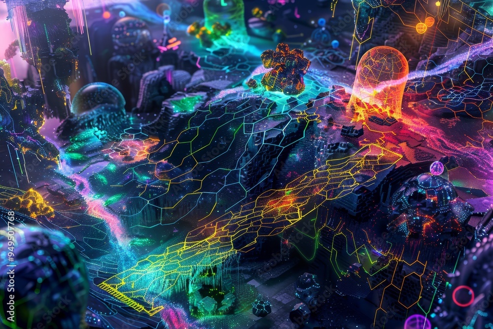 Poster computer generated futuristic landscape highlighting interconnected mining pools, showcasing the int
