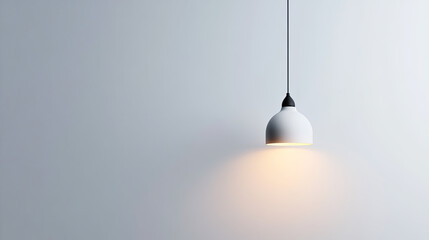 A minimalist pendant light hangs from a ceiling, illuminating a blank wall with a warm glow, perfect for modern interior design.