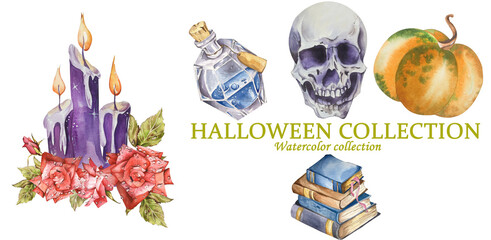 Collection Halloween. Watercolor Composition. Purple Burning Candles, Bright Roses, Skull, Books, Pumpkin, Potion. For Holiday Packaging, Postcards, Invitations, Websites, Accessories, Clothes
