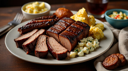 A Hearty Platter Of Bbq Brisket, Sausage, And Ribs, With Sides Of Potato Salad And Cornbread, Food Image